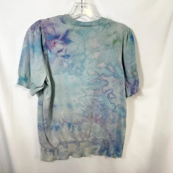 LOFT Large Top Handmade Tie‎ Dye Puff Sleeve Blue Purple Knit Boho Whimsy 1545 - Picture 3 of 10